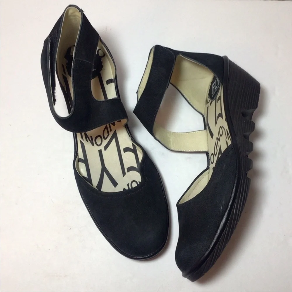 Fly London Black Wedge Sandals